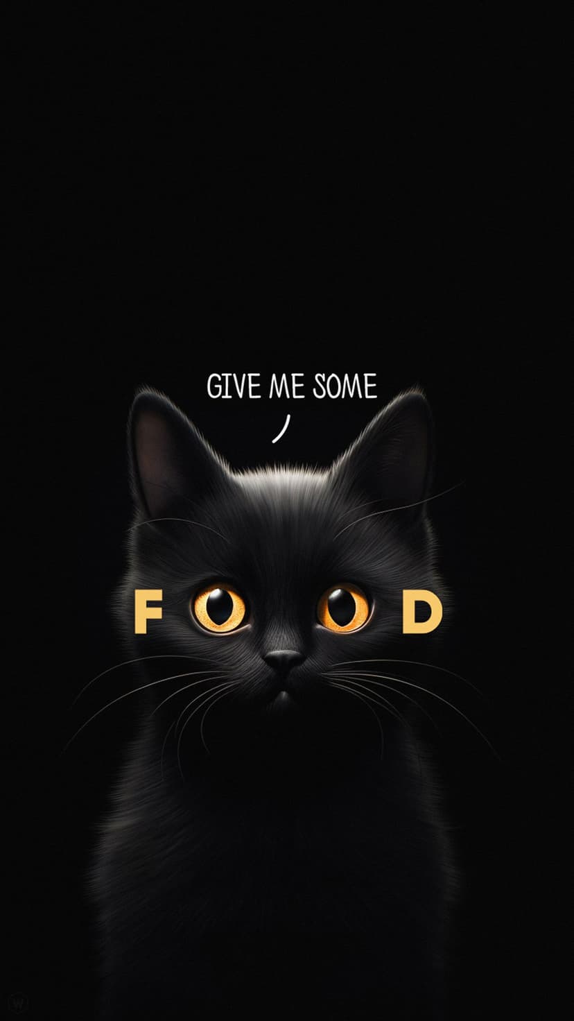 Black cat with bright orange eyes gazes up next to text saying give me some food on a dark background.
