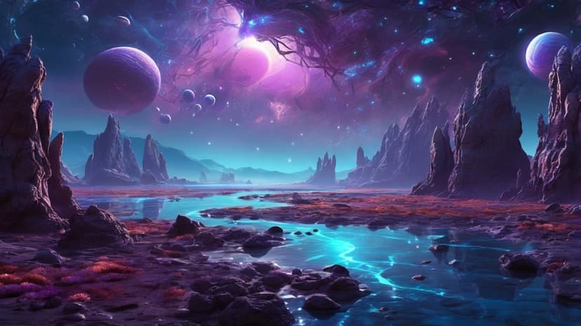 Luminous blue river flowing through purple rocks beneath a swirling nebula and multiple moons in a starry sky.