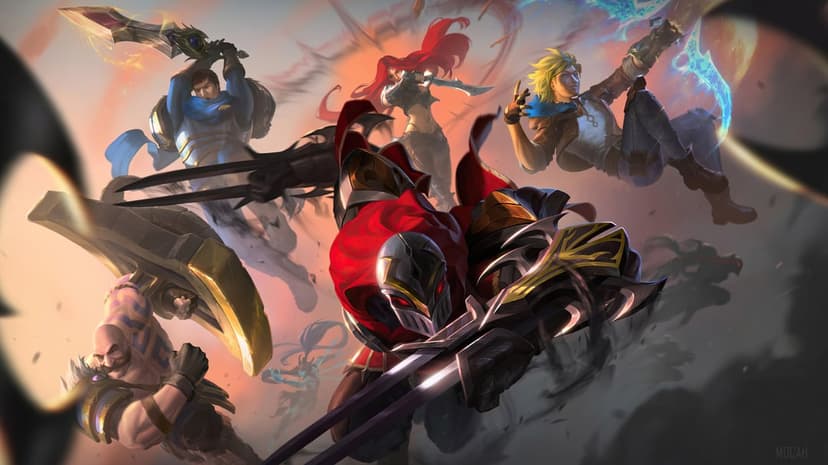 Zed lunges forward with arm-blades in a battle with Garen, Katarina, and Ezreal under a sunset sky.