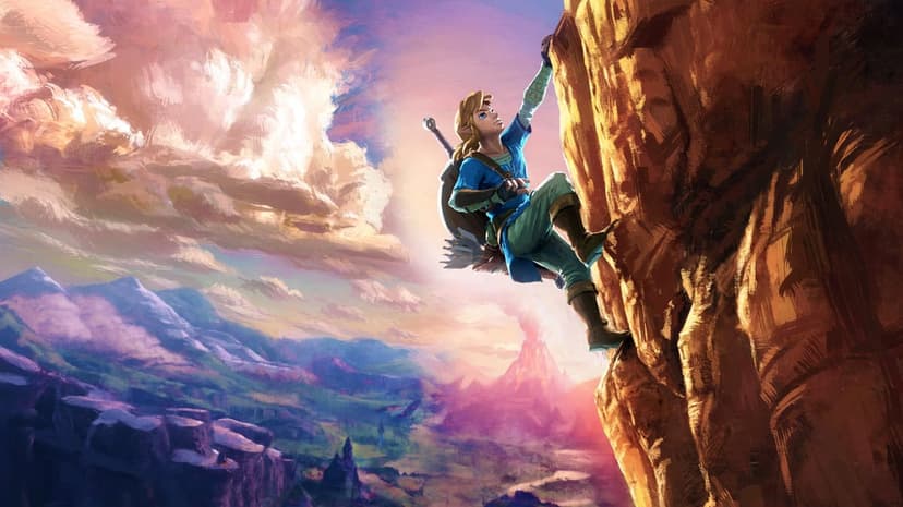 Link climbs a jagged orange rock face under a pink and gold sunset sky with a distant volcano landscape.