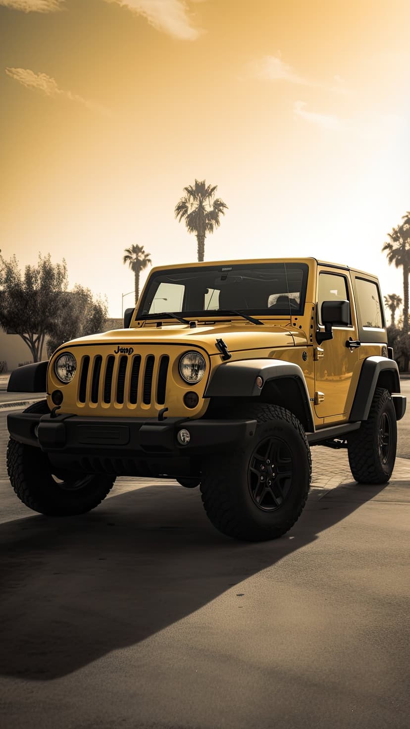 Yellow Jeep Wrangler parked on sand with palm trees and a sunset sky in a vertical composition.