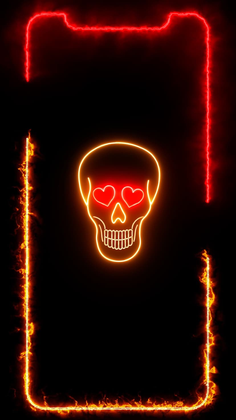 Luminous skull featuring red heart eyes surrounded by a vibrant orange neon fire border against a dark background.