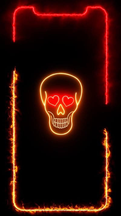 Glowing Neon Skull Heart Eyes and Flame Border Wallpaper