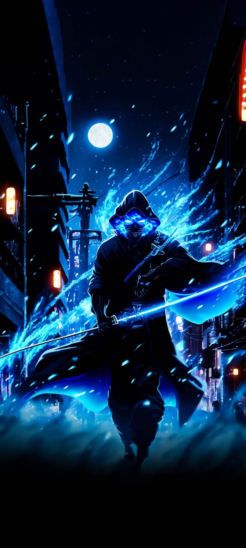 Masked samurai holding a glowing blue sword on a dark neon street under a full moon with mist and floating particles