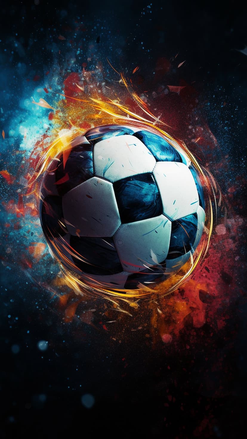 Soccer ball erupting in bright orange flames and glowing blue energy trails against a dark textured background.