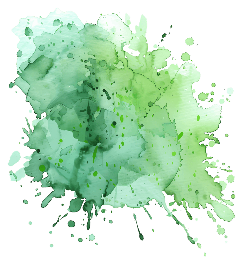 Green watercolor splash artwork featuring textured emerald paint splatters and organic fluid pigment edges.