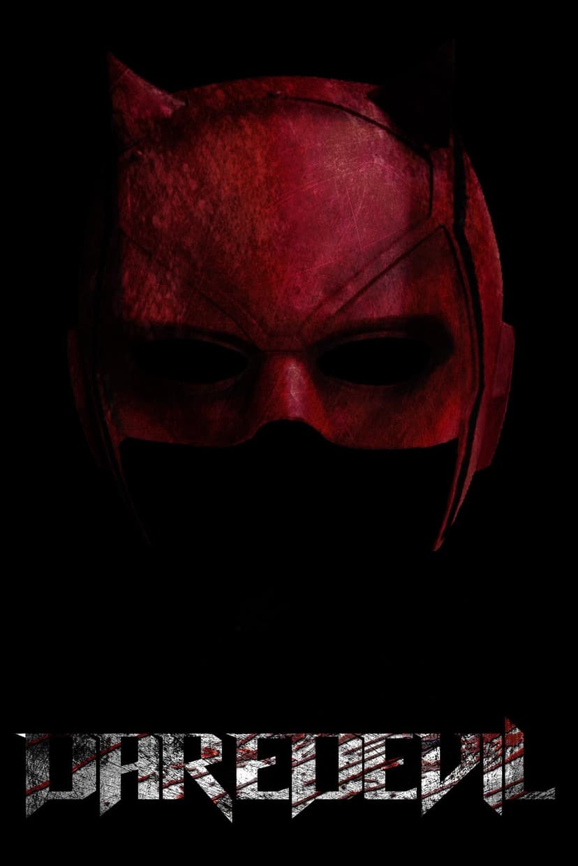 Red Daredevil mask with eye slits emerging from shadows above a textured, bloody logo on a solid black background.