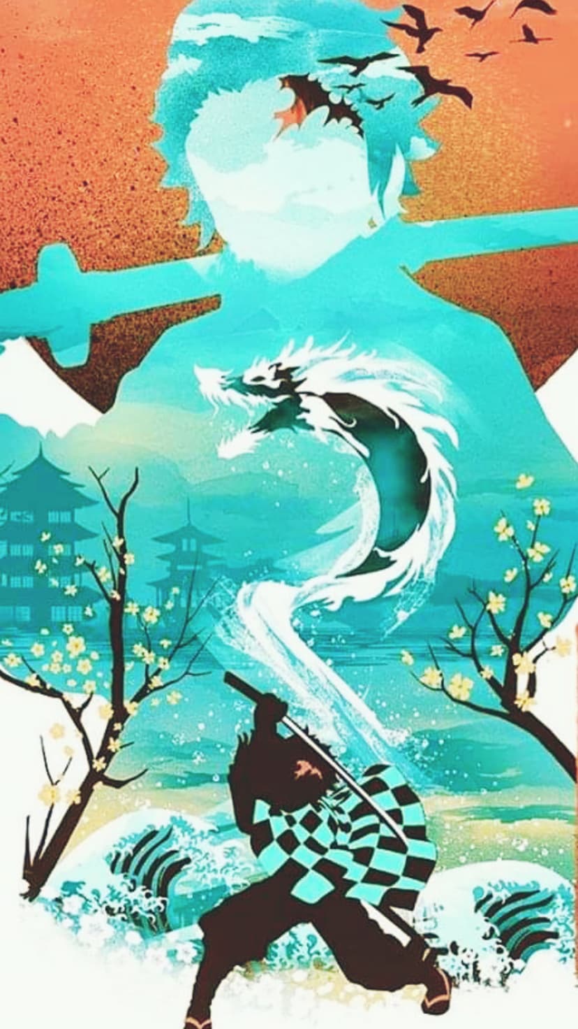 Tanjiro Kamado swings his sword at a white dragon amidst swirling water and pink cherry blossoms near a pagoda.