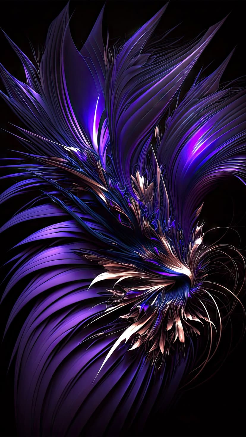 Iridescent purple and blue swirling patterns resembling a metallic feather against a solid black background.