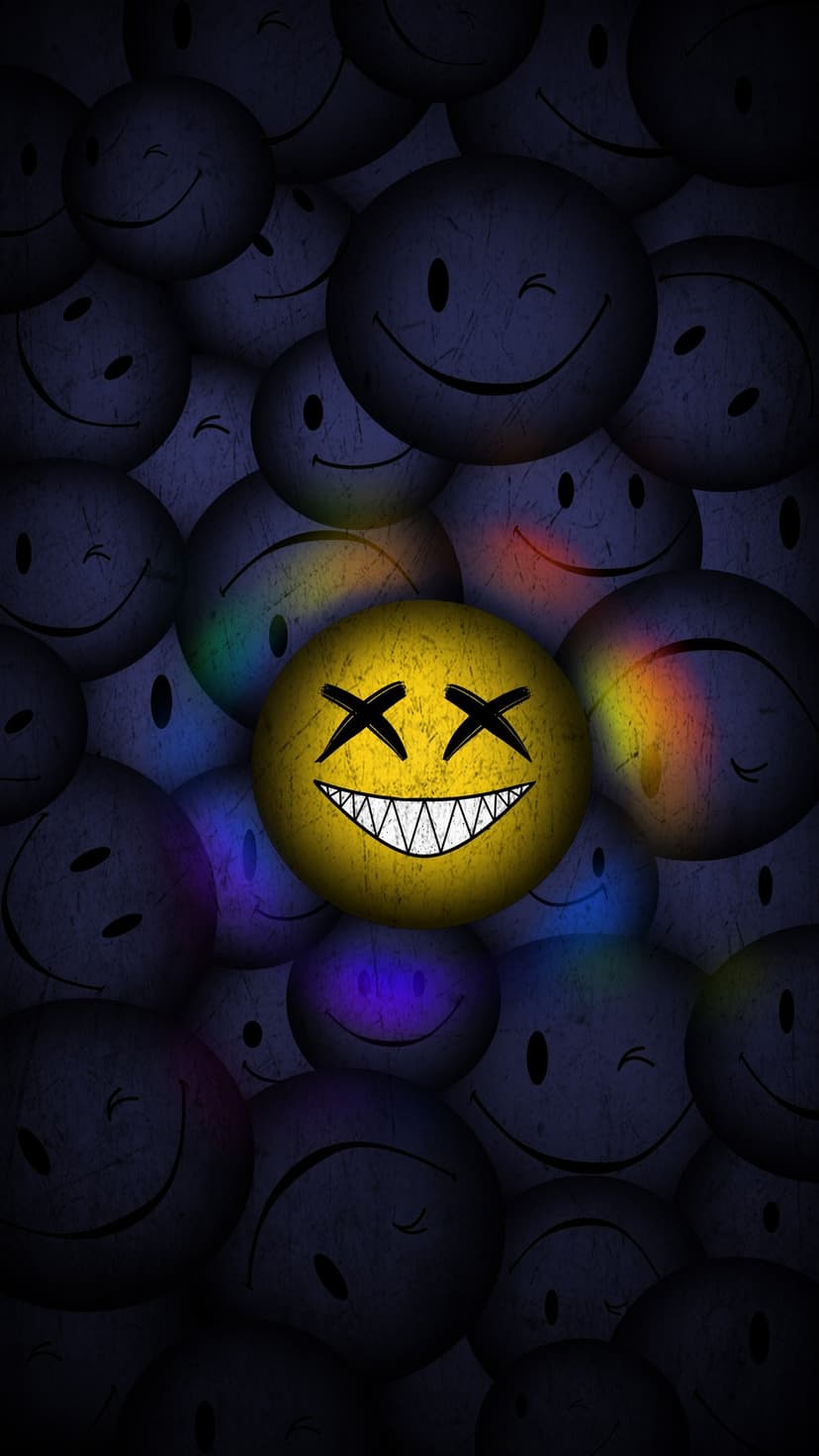 Yellow smiley face with X eyes and sharp teeth surrounded by dark gray shadowed emoticons in a textured scene.