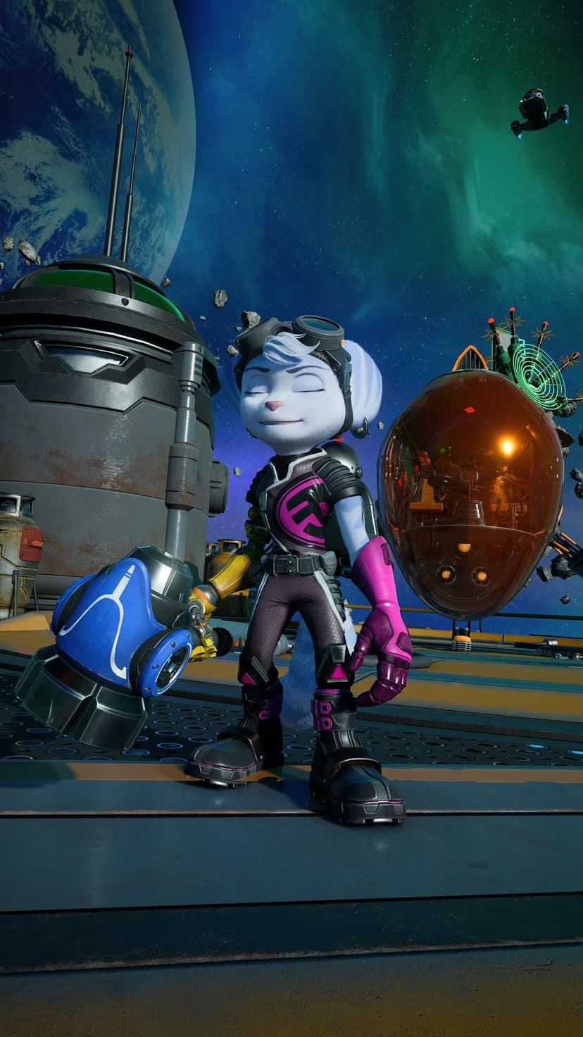 Rivet holding a blue hammer on a space station platform with a large planet and nebula in the background.