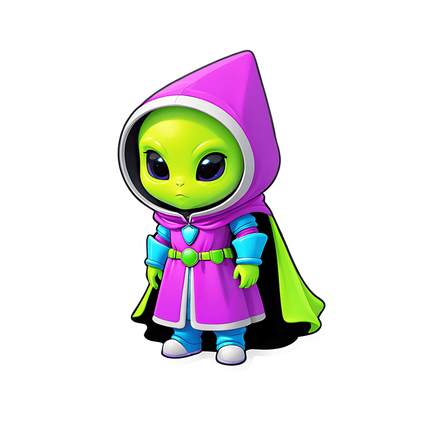 Green alien sticker wearing a magenta hood and lime green cape with large black eyes and a white border outline.