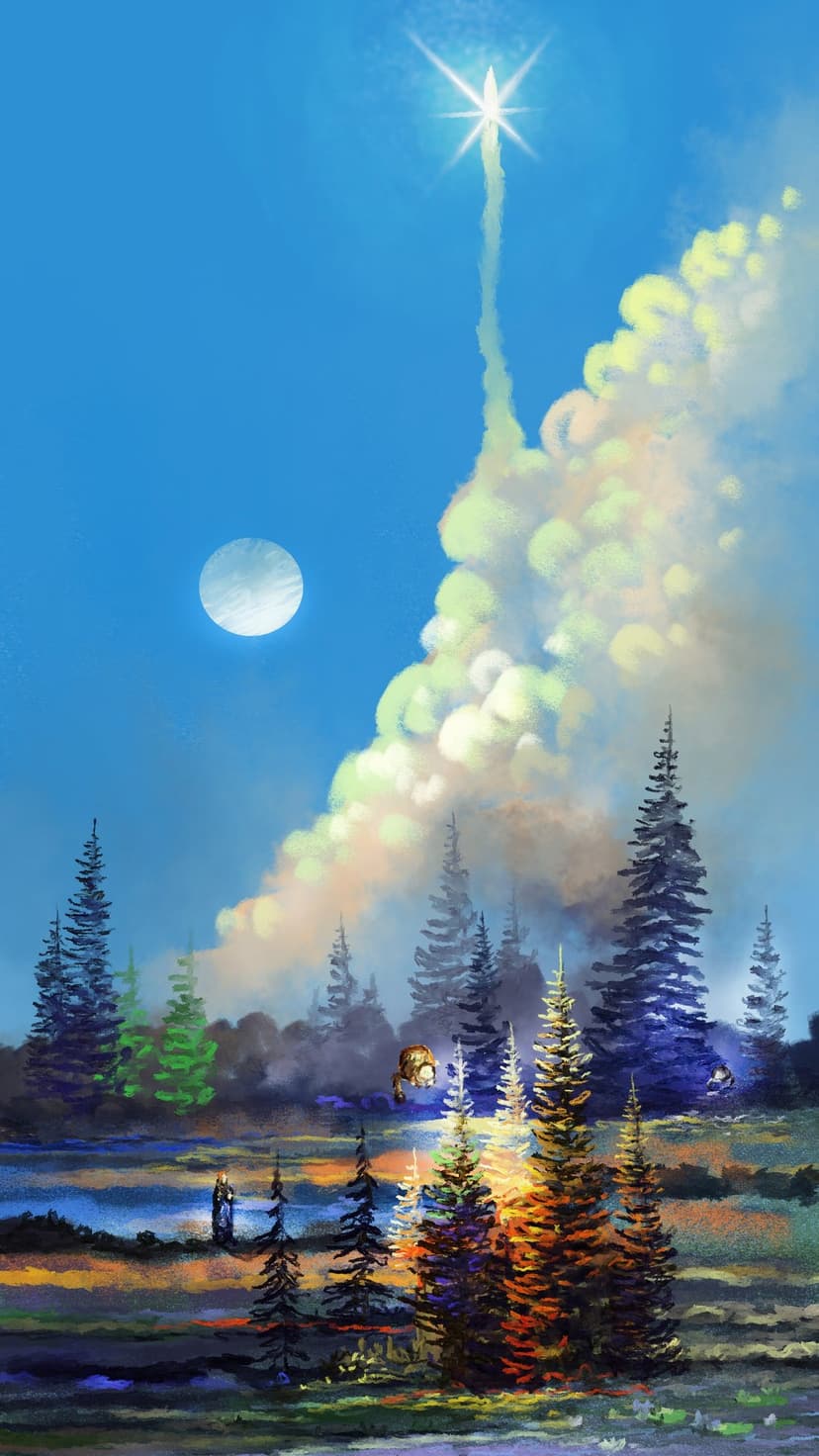 Luminous star rocket with a smoke trail ascending above snow-covered pine trees under a crescent moon at sunset.