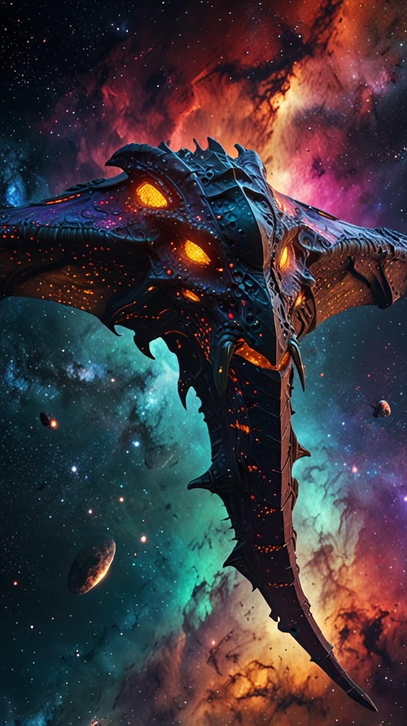 Spiky dragon-shaped spaceship with glowing orange eyes flying past planets in a colorful star-filled nebula.