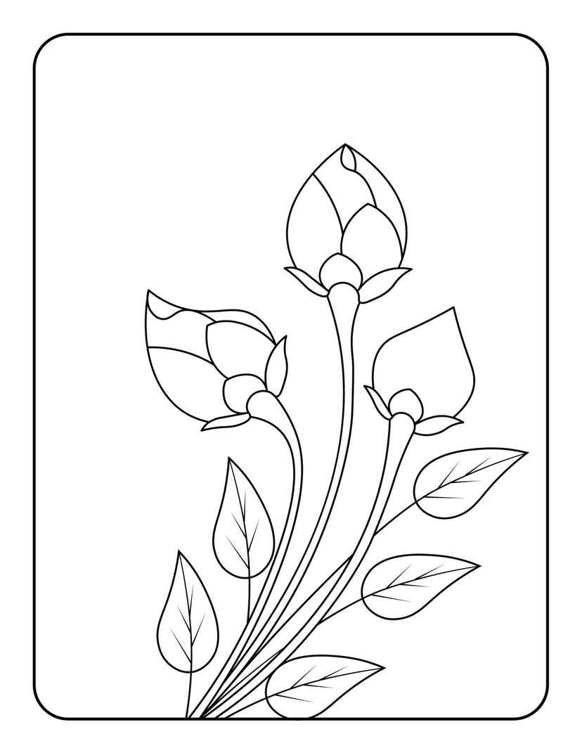 Lotus flower outline drawing showing three buds and leaves with clean black lines on a white background.