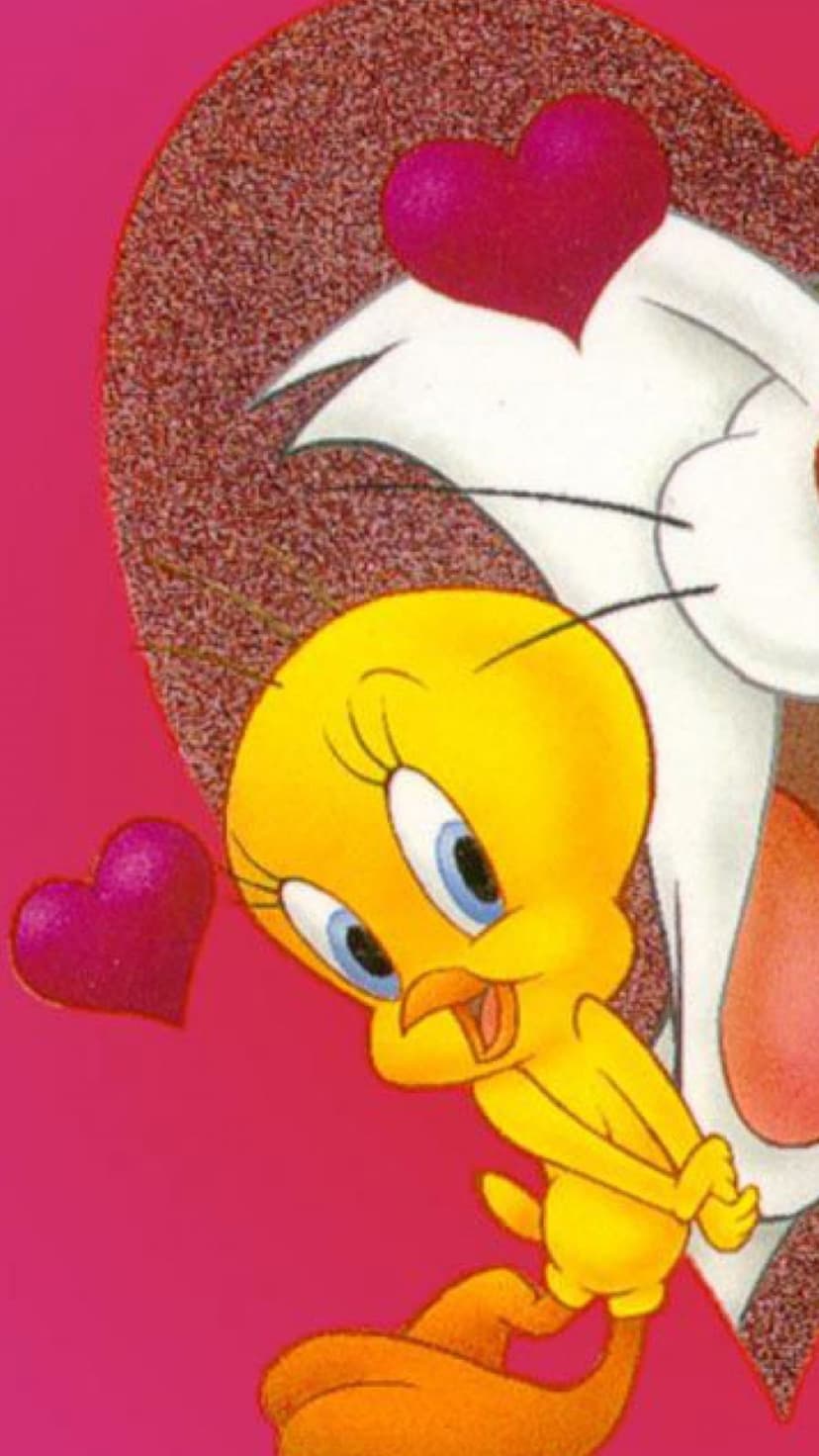 Tweety Bird embraces a pink cat in front of a large textured heart on a vibrant magenta background.
