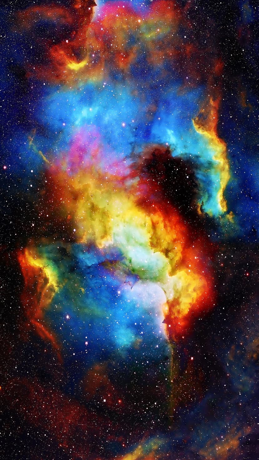 Multi-colored glowing gas clouds and sparkling white stars fill a dark cosmic void in a vertical orientation.