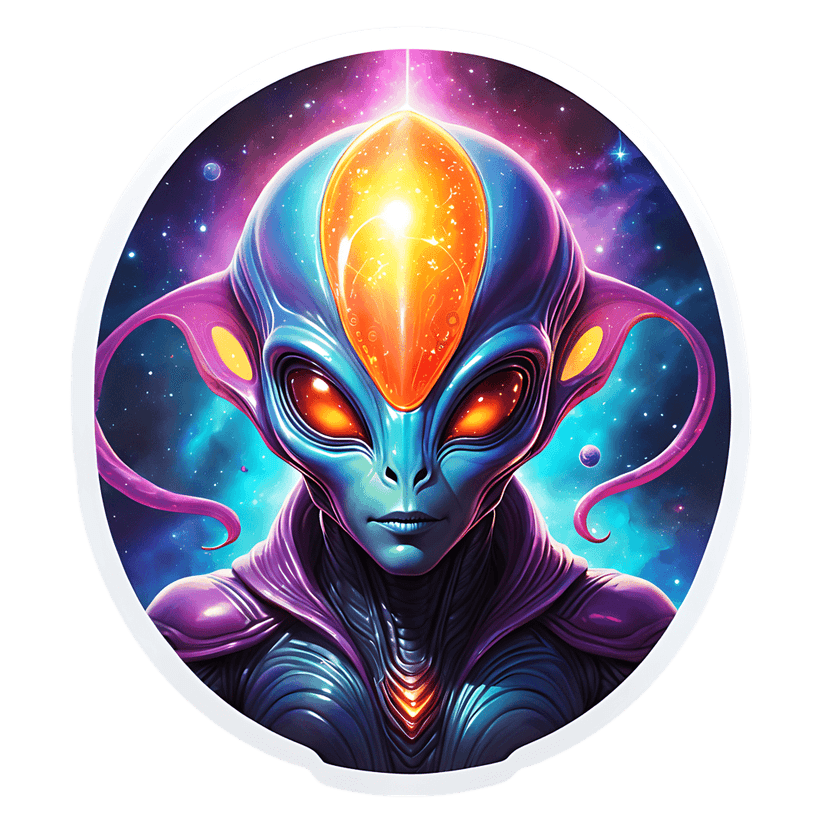 Alien creature with glowing eyes stands before a vibrant purple nebula filled with distant stars and planets.