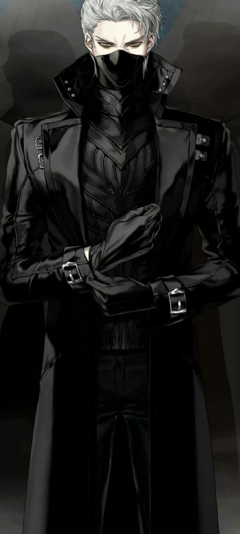 Masked man with silver hair wearing a buckled black leather coat and high collar with sharp piercing eyes visible.
