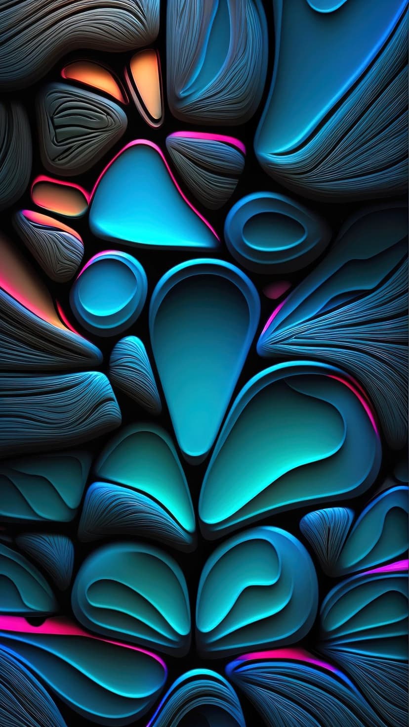 Luminous teal and pink organic shapes flow across a dark void with a soft bioluminescent neon glow.
