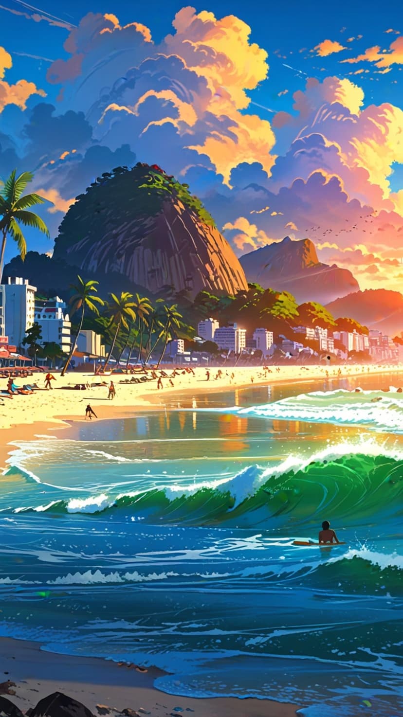 Surfer sits on turquoise waves during a golden sunset framed by lush palm trees and a towering coastal mountain.