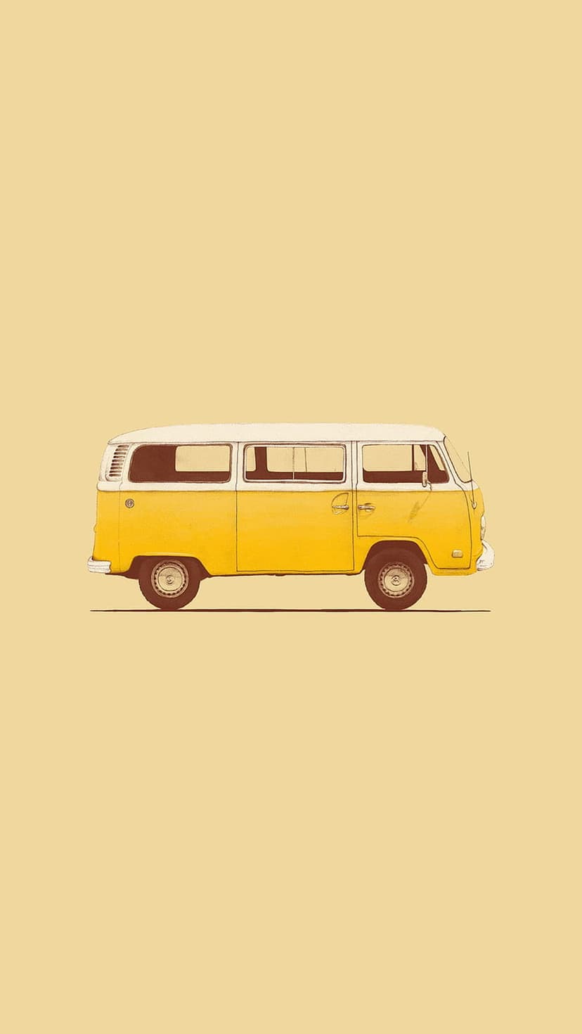 Yellow vintage camper van in profile view against a solid pale yellow background with clean black outlines.