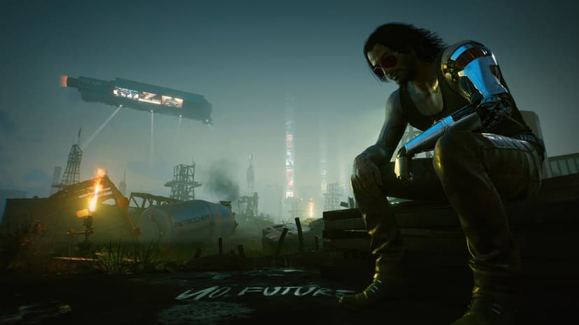 Johnny Silverhand cyberpunk character portrait featuring a glowing mechanical arm against a neon city backdrop.
