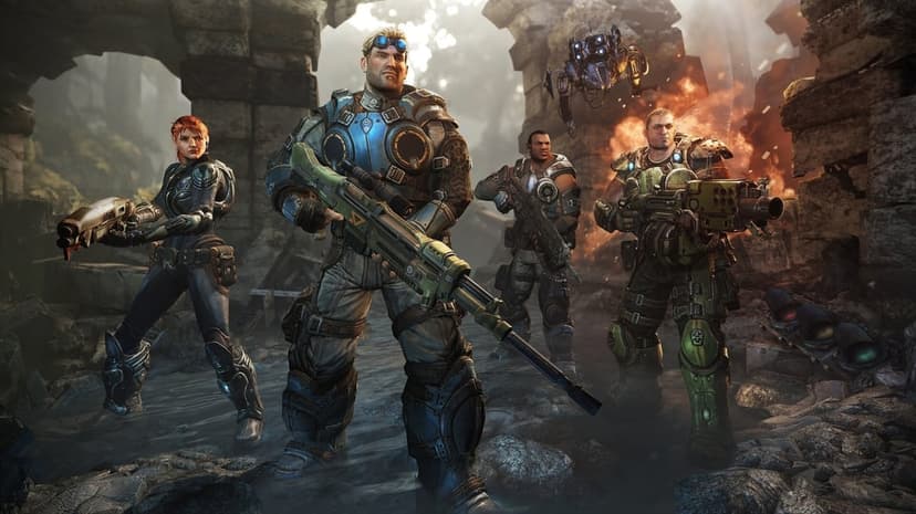 Four armored soldiers stand with heavy weapons in smoking ruins under dramatic firelight and a hovering drone.