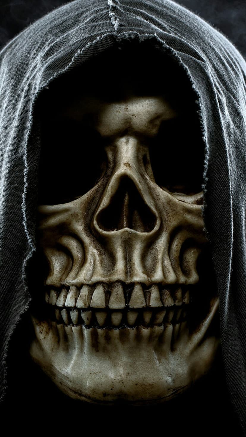 Skeletal skull wearing a tattered dark fabric hood with deep shadows visible in the hollow eye sockets.