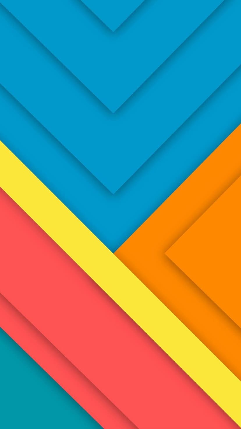 Sharp diagonal layers of blue, orange, yellow, and red overlap with soft shadows creating a sense of depth.