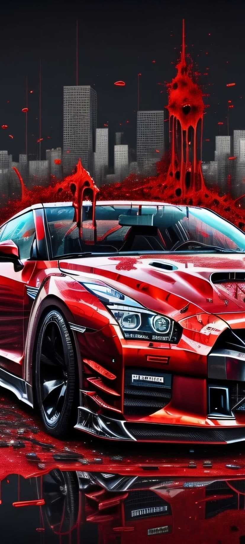 Red sports car positioned before dark skyscrapers with vivid red paint drips and splatters in the background.