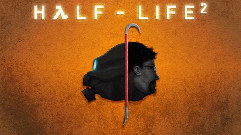 Gordon Freeman and Combine soldier profiles separated by a crowbar on a textured orange background.
