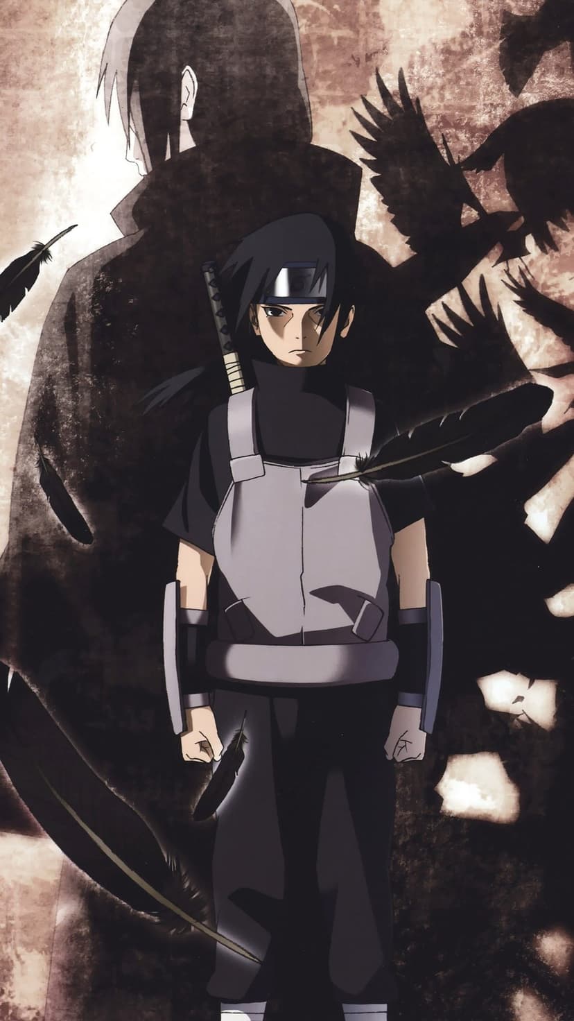 Itachi Uchiha in a green flak jacket stands before a dark adult shadow surrounded by flying black crows.