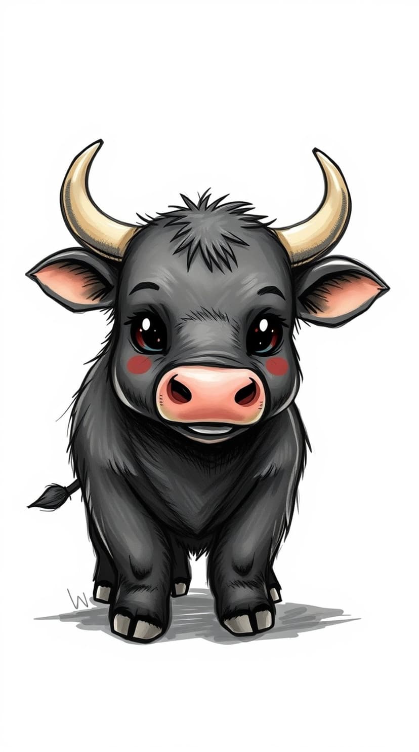 Fluffy baby bull with large sparkling eyes, tiny yellow horns, and a pink snout sits on a white background.