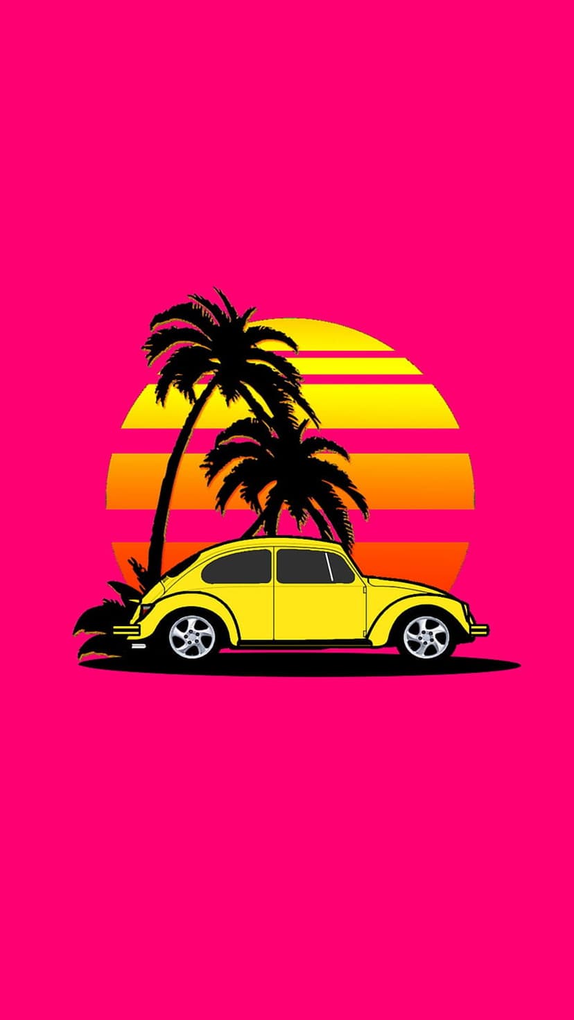 Yellow Volkswagen Beetle parked beside palm tree silhouettes under a glowing pink and orange sunset sky.