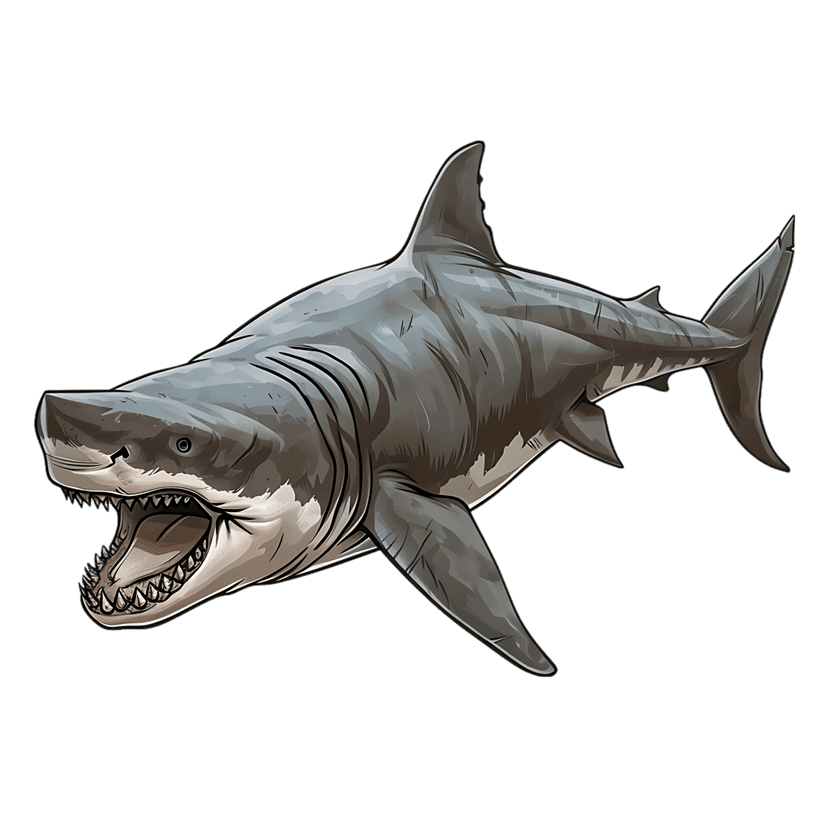 Great white shark with open jaws shows rows of sharp teeth and muscular grey body in a detailed illustration.