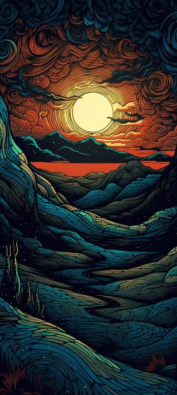 Abstract Stylized Landscape with Sun and Mountains