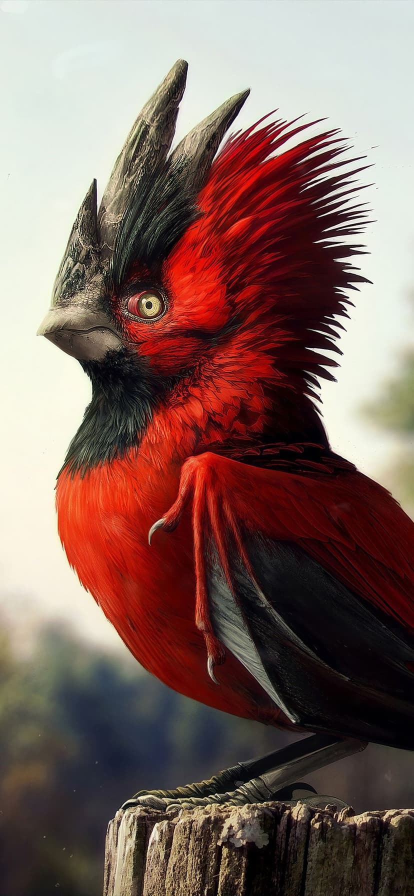 Red bird with a black spiky crest and yellow eye perched on wood, displaying sharp beak and vibrant feathers.