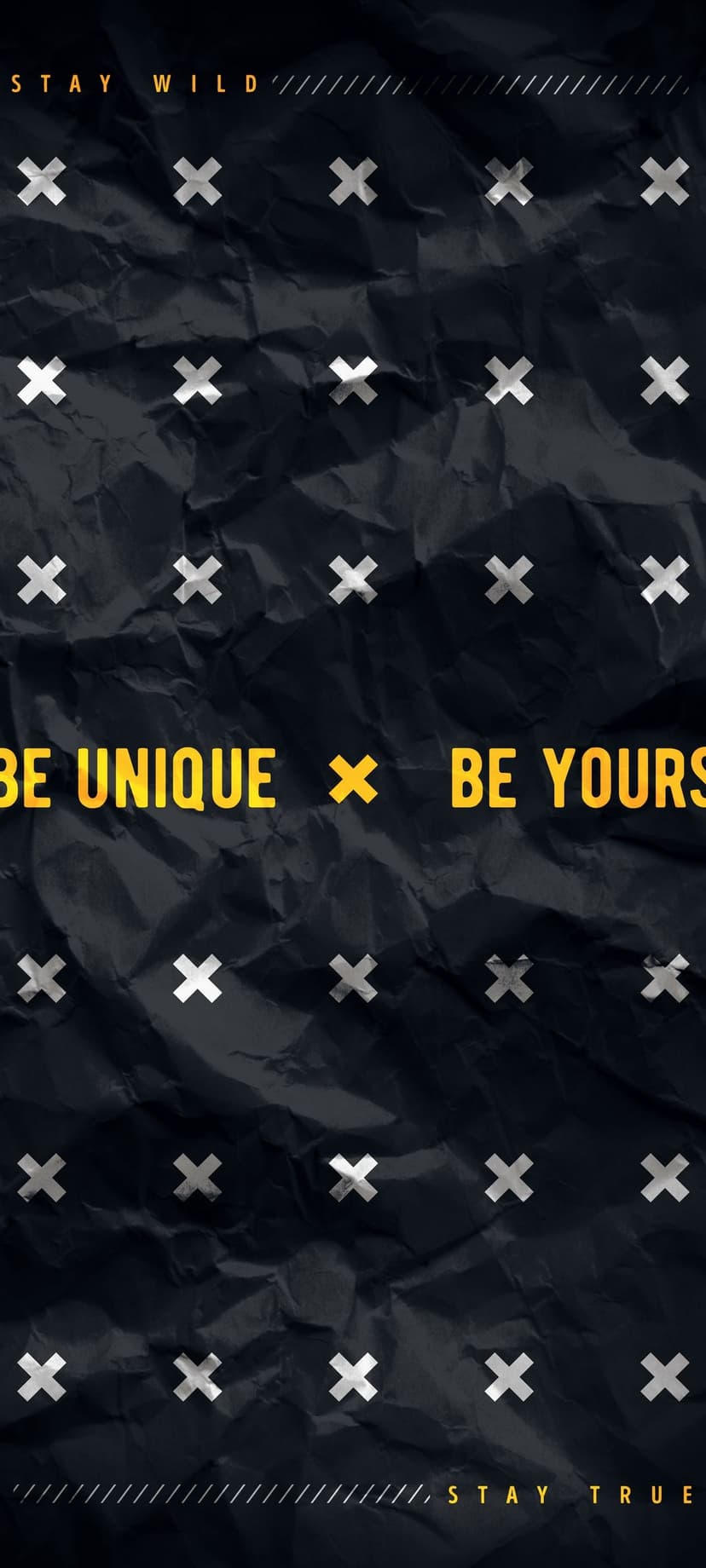 Bold yellow text reads Stay Wild over a dark crumpled paper texture with small white crosses in the background.