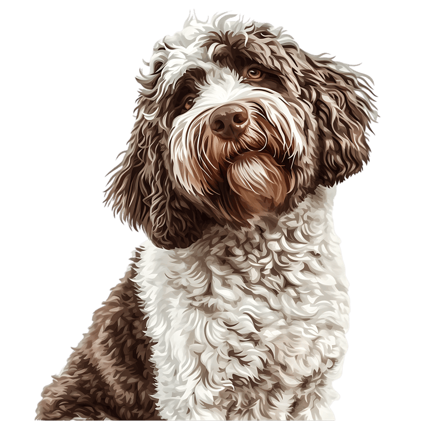 Brown and white curly fur dog portrait featuring expressive eyes and a detailed nose on a clear background.