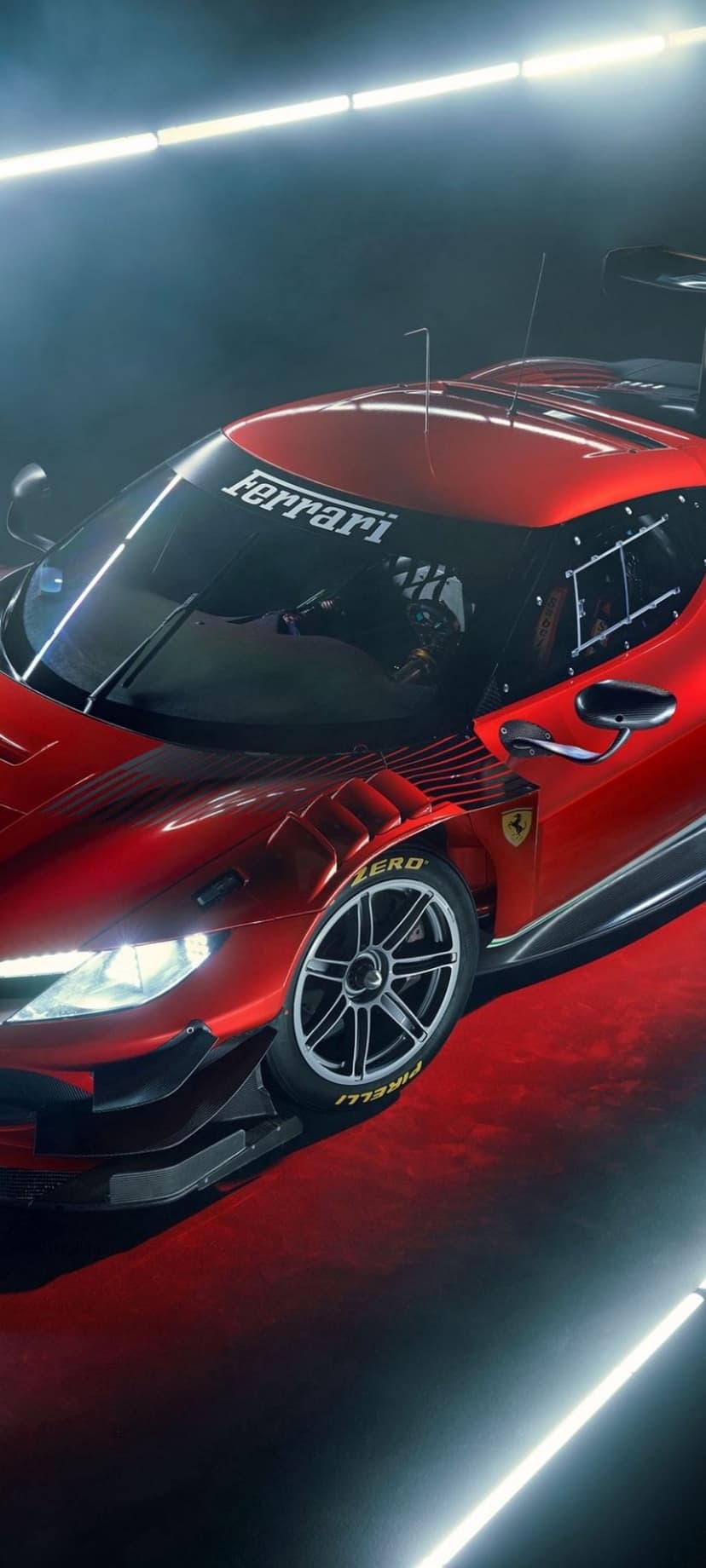 Red Ferrari racing cockpit showing the driver's seat, dashboard, and branded windshield for mobile screens.