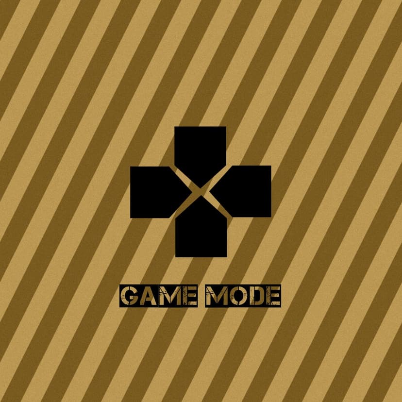Black D-pad icon above stencil Game Mode text on a background of diagonal gold and brown textured stripes.