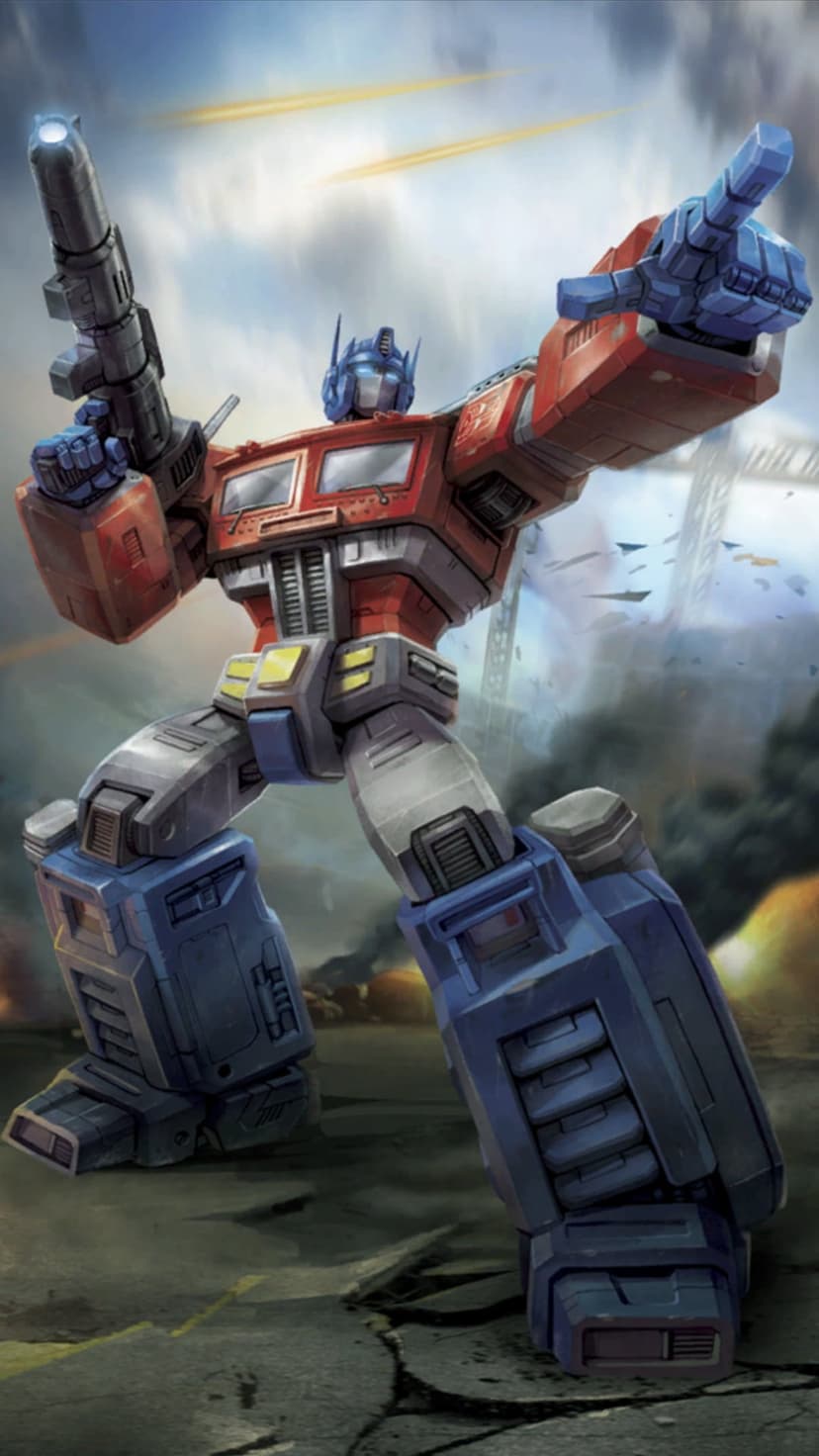 Optimus Prime aims a glowing ion blaster while standing in a smoky, debris-filled battlefield with red and blue armor.