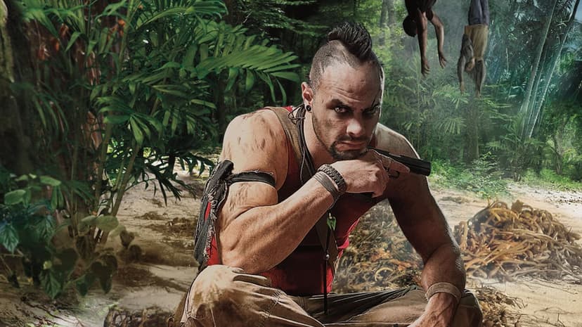 Vaas Montenegro from Far Cry 3 sits in a jungle holding a pistol to his chin with bodies hanging behind him.