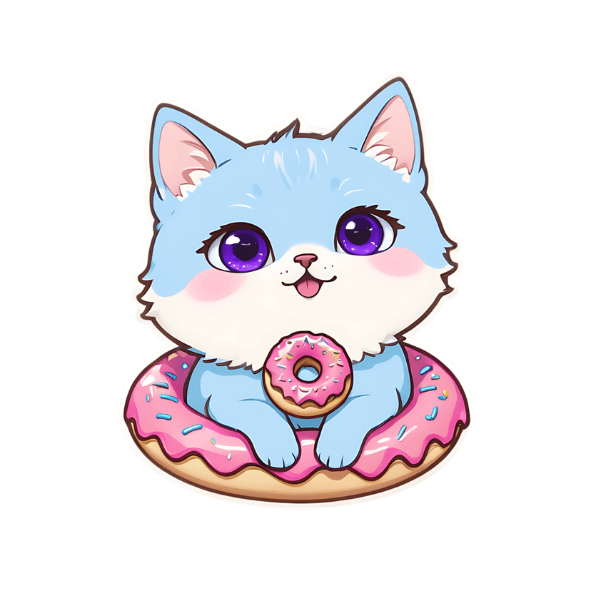 Blue kitten sticker illustration sitting inside a large frosted donut with purple eyes and a white outline.