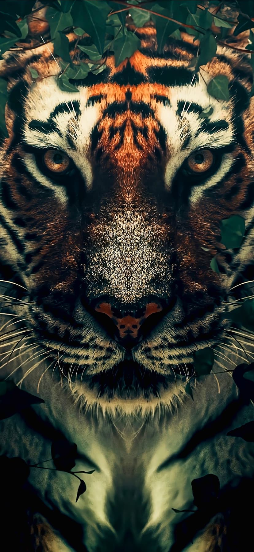 Tiger face with glowing orange eyes and black stripes centered between vibrant green leaves in a close-up portrait.