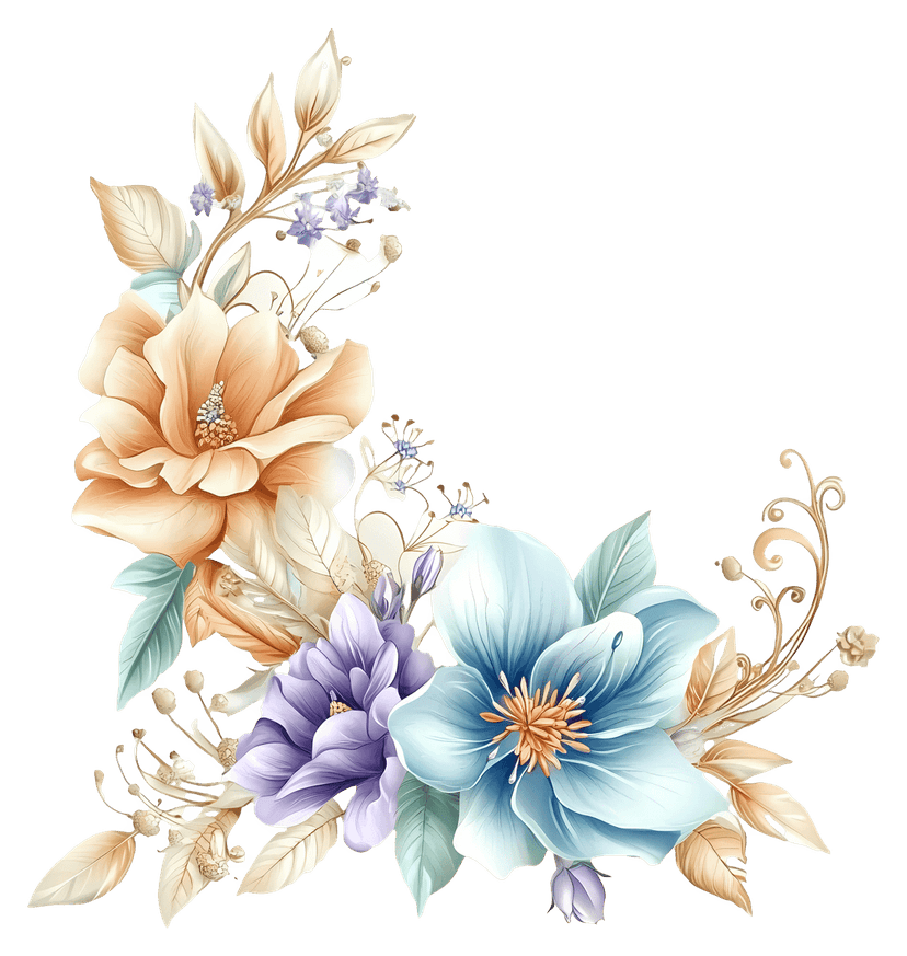 Floral corner watercolor illustration featuring green leaves and soft petals arranged in a right-angle frame.