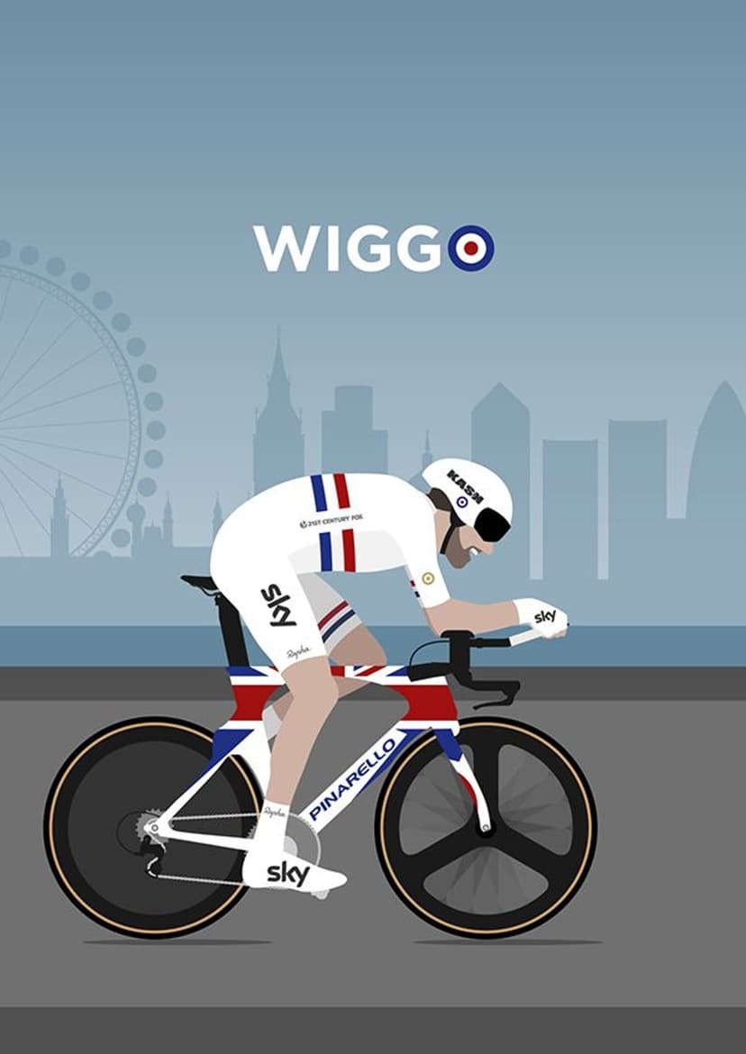 Bradley Wiggins on a time trial bike wearing a white Union Jack kit against a grey London skyline background.