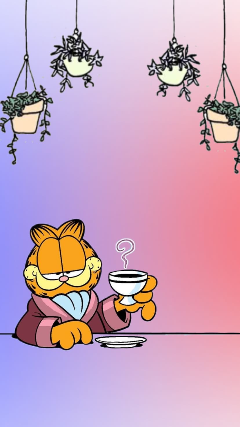 Garfield the orange cat wears a robe and holds a coffee mug under hanging plants against a pink gradient.