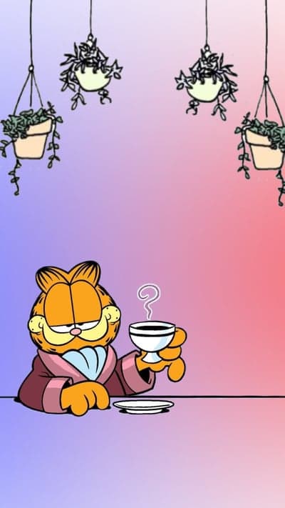 Garfield Resting with Coffee and Plants Phone Background